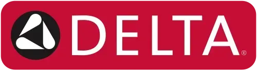 Delta logo in white text on a red rectangle. A black circle with a white triangle and two white shapes is to the left.