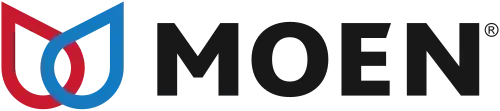 Moen logo: two overlapping water droplets, red and blue, next to the black text 